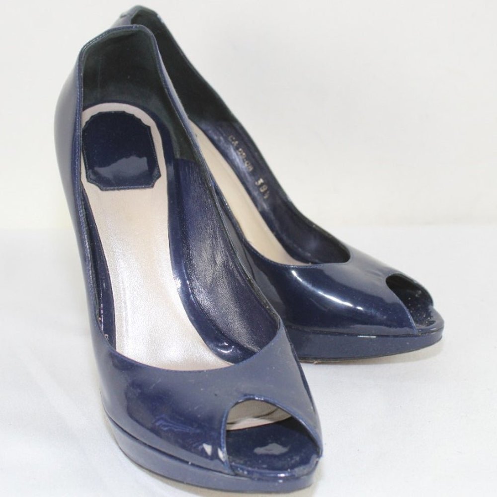 CHRISTIAN DIOR Blue Patent Leather Open Toe Heels Sz US 8.5/ EU 38.5